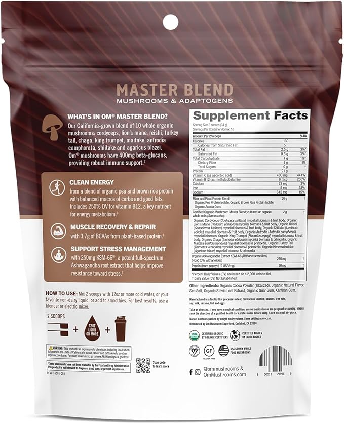 OM MUSHROOM SUPERFOOD Master Blend Creamy Chocolate Protein Powder, 16 Servings, Plant-Based with 10 Mushroom Complex for Recovery & Energy