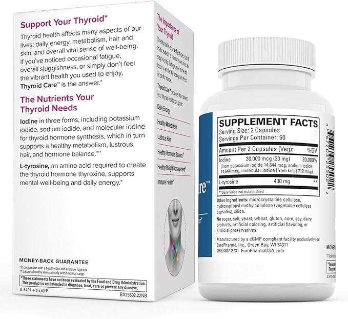 Terry Naturally Thyroid Care - Immune Health & Energy Support Formula - Nutritional Supplement with Iodine for Thyroid Health Support - Wellness Supplement with L-Tyrosine - 60 Capsules