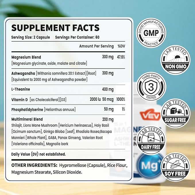 VEV Magnesium Glycinate & Citrate Cortisol Supplements for Women, Stress and Sleep Support with Ashwagandha & L-Theanine, cortisol Manager, 120 Vegan Capsules