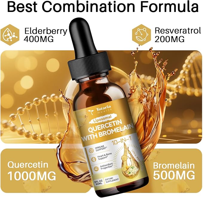 Liposomal Quercetin with Bromelain Liquid Drops - High Absorption Quercetin 1000mg & Bromelain 500mg Plus Elderberry,Vitamin C,Zinc for Immune & Antioxidant & Heart & Bone Support- 2 Fl Oz
