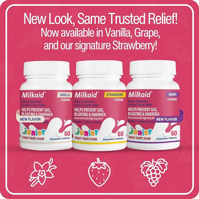 Milkaid Junior Lactase Enzyme Chewable Tablets for Lactose Intolerance | Prevents Gas, Bloating, Diarrhea in Children| Fast Acting Dairy Digestive Supplement for Kids| 60 ct (60 Tablets, Grape)