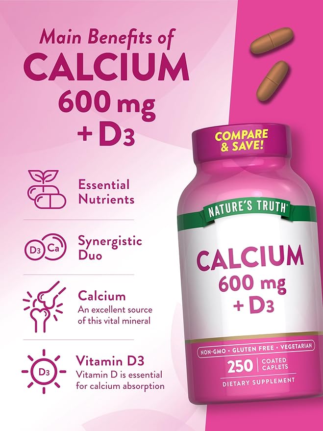 Nature's Truth Calcium 600mg with Vitamin D3 | 250 Caplets | Calcium Carbonate | Vegetarian, Non-GMO & Gluten Free Supplement