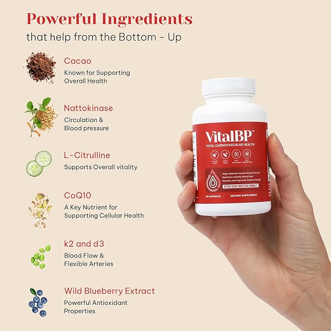 Vital BP - Support for Normal Blood Pressure - Supports Blood Flow & Arteries - with CoQ10, L-Citrulline, and K2 & D3-60 Capsules