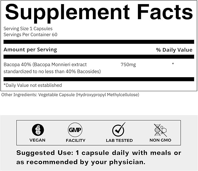 Bacopa Monnieri Capsules 750mg – Herbal Supplement with 40% Bacosides Bacopa Monnieri – 60 Capsules