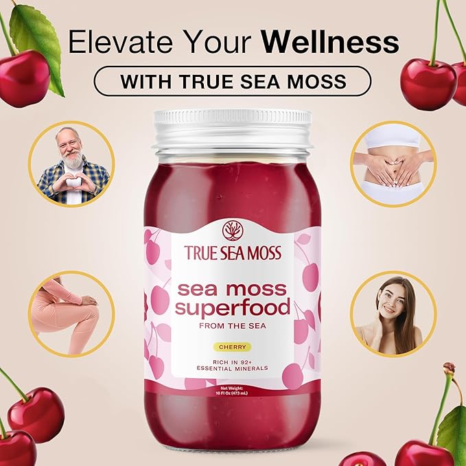 TrueSeaMoss Sea Moss Gel – Made in USA – Wildcrafted Seamoss, Fresh Fruits & Sea Vegetables – Cherry, Pack of 1 (Labels may Vary)