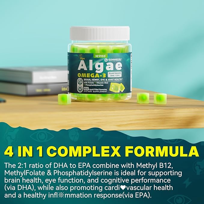 Vegan Omega 3 Gummies 1000mg w/MethylFolate, Vitamin B12, Omega 3 Fish Oil Alternative for Adults, Plant Based DHA 460mg & EPA 230mg for Brain, Mobility, Eye & Immune, Sustainable, Sugar Free, 60 Cts