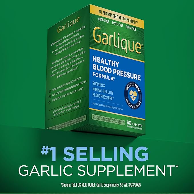 Garlique Garlic Extract Supplement, Healthy Blood Pressure Formula, Odorless & Vegan, 60 Caplets
