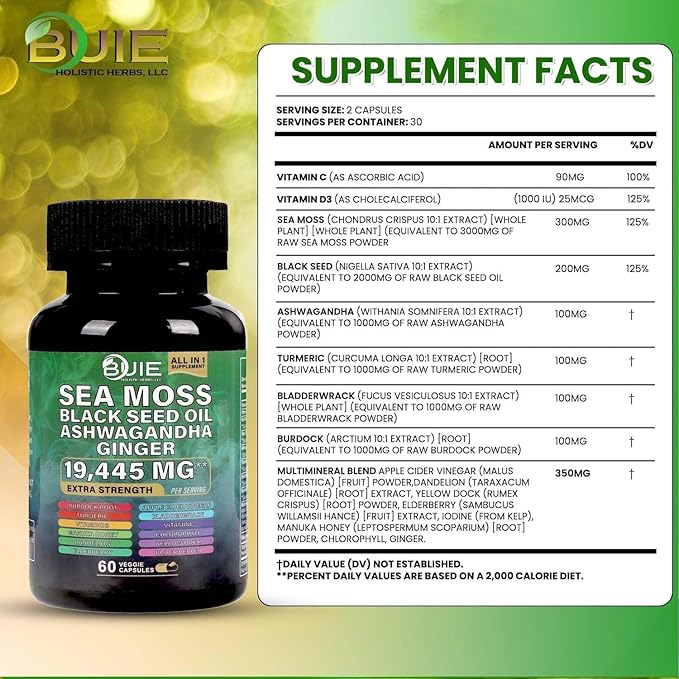 BUIE Sea Moss Capsules (Ginger) | Irish Moss with Black Seed Oil, Ashwagandha & Ginger | Seamoss Superfood for Energy, Immunity, Joint & Skin Health | Vegan, Non-GMO | 60 Capsules