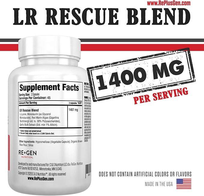 Re+Gen Nutrition Lysine Rescue, Amino Acid Supplement for Stronger Immune Health & Collagen Synthesis in Women & Men, Promotes Lips & Skin Health, Natural, Pure L-lysine, 90 Capsules, 45 Day Supply