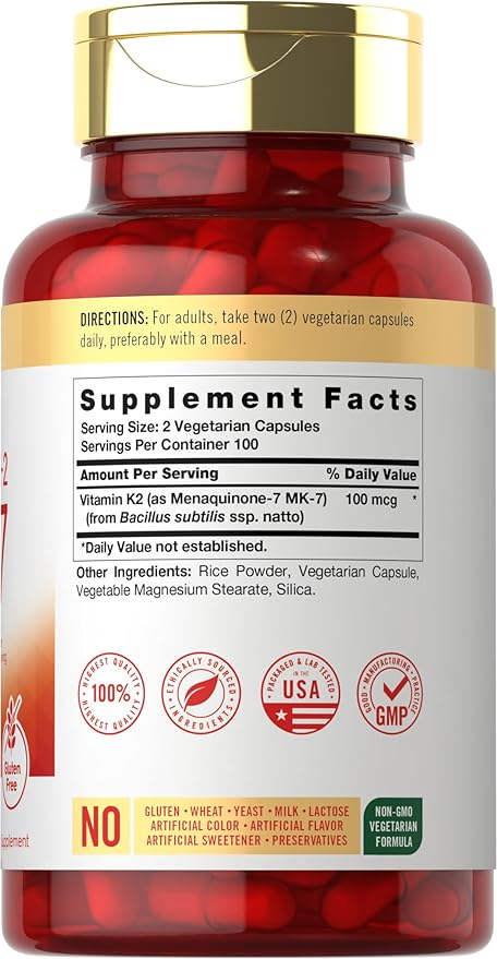 Carlyle Vitamin K2 MK7 Supplement | 100 mcg | 200 Vegan Capsules | Menaquinone-7 | Non-GMO, Gluten Free