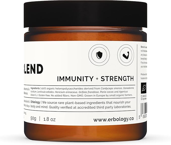 Erbology Organic Immunity Mushroom Complex 50 Servings - High in Beta-glucans - Reishi, Cordyceps, Lion's Mane, Turkey Tail - Sustainably Grown in Europe - Vegan - Non-GMO - No Added Fillers