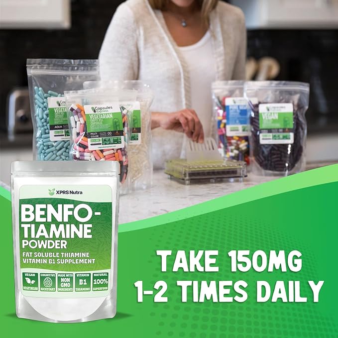 XPRS Nutra Benfotiamine Powder (Thiamine) - Fat Soluble Happy Heart Thiamine Supplement - Advanced Vitamin B1 Benfotiamine for a Cognitive Boost - Vegan Friendly Benfotamine Powder
(1 Ounce)