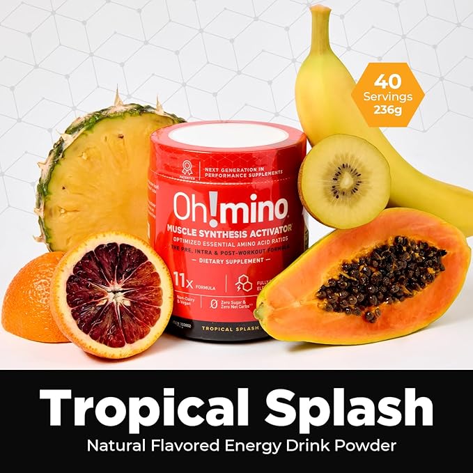 Oh!mino Amino Acids for Muscle Gain - BCAAs Amino Acids Powder Supplement for Pre & Post Workout - Caffeinated, Non Dairy, Vegan, Zero Sugar & Net Carbs - 40 Servings (Tropical Splash)