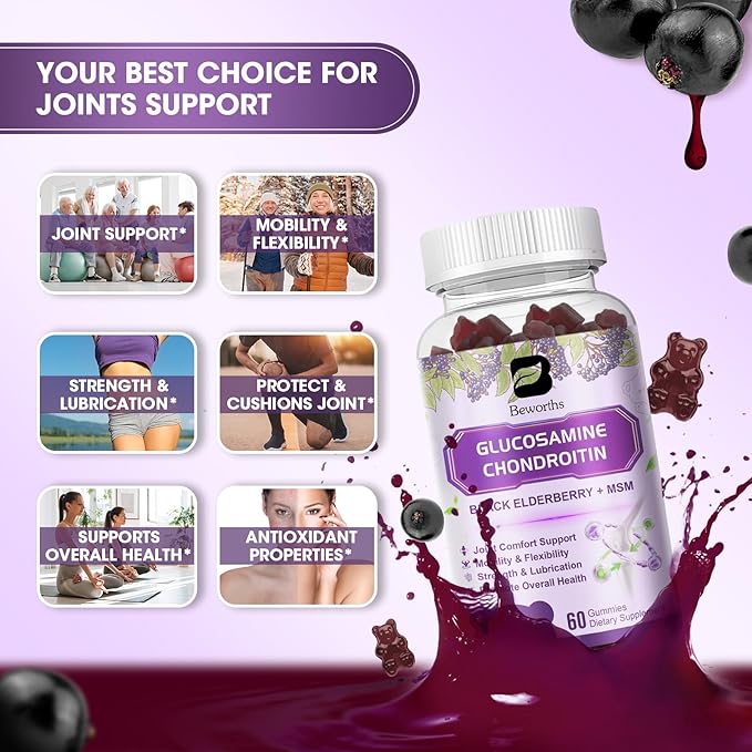 (2 Pack) Glucosamine Chondroitin Gummies, Extra Strength Joint Support Supplement with MSM & Elderberry for Mobility & Flexibility, Antioxidant Support for Men & Women, 120 Gummies