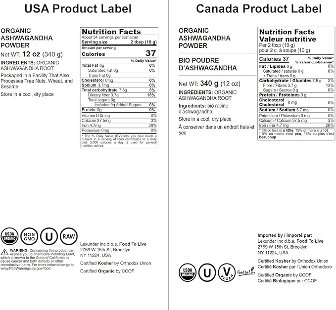 Food to Live Organic Ashwagandha Root Powder, 12 Ounces - Non-GMO, Finely Ground Indian Ginseng, Pure, Raw, Vegan. Easy to Mix. Adaptogenic Herb.