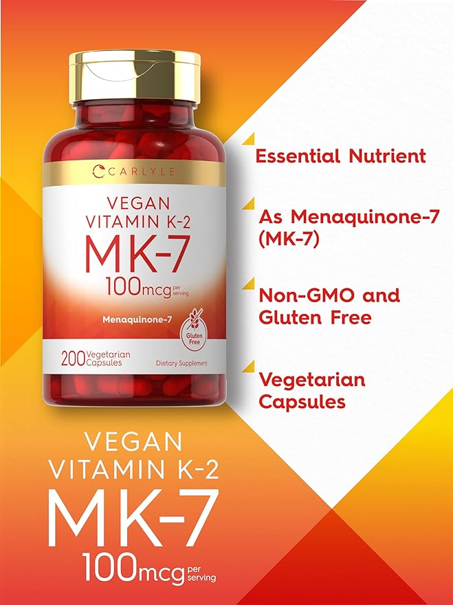Carlyle Vitamin K2 MK7 Supplement | 100 mcg | 200 Vegan Capsules | Menaquinone-7 | Non-GMO, Gluten Free