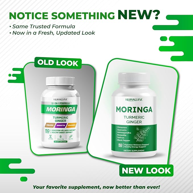 Moringa 12-in-1 Supplement with Turmeric Cinnamon Quercetin Ashwagandha Ginger Boswellia Nettle Saffron Tart Cherry Garlic - Made in The USA