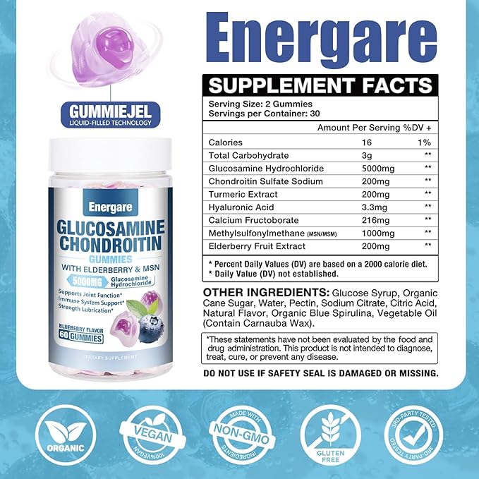 1 Pack Glucosamine Chondroitin with MSM Gummies & Elderberry, Extra Strength Joint Support Health, Flexibility, Antioxidant, Immune Supplement Gummy for Adults, Men & Women 60 Counts