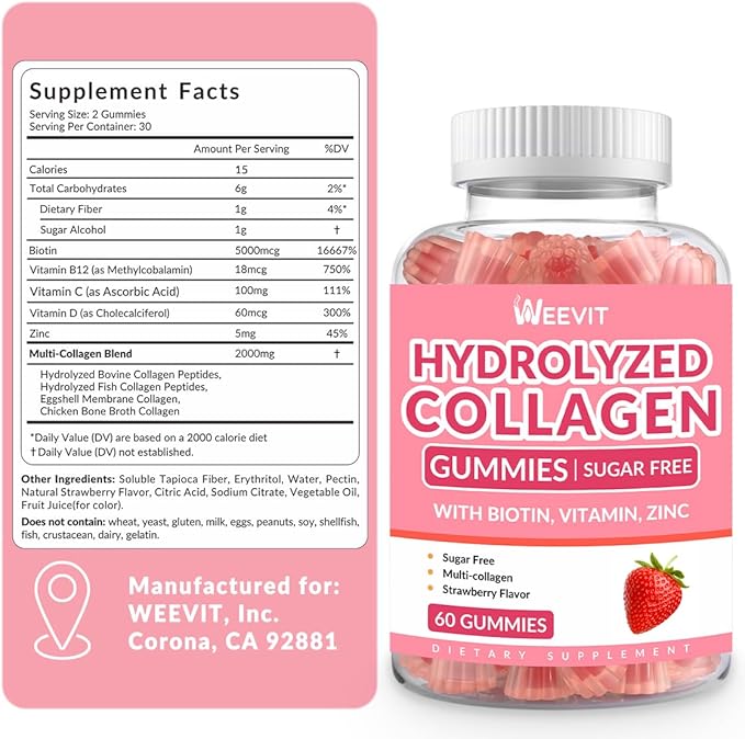 Sugar Free Collagen Gummies for Women, Collagen Protein Type I,II,III,V,X with Biotin Vitamin C D B12, Hydrolyzed Collagen Peptides Gummies for Immune Digestion Skin Hair Nails Energy Bone Joint