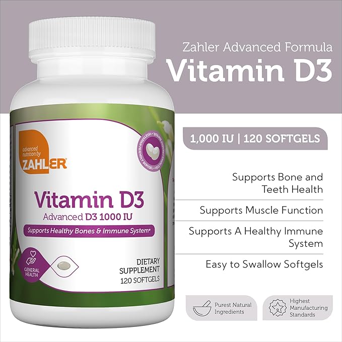 Zahler - Advanced Vitamin D3 1000 IU Softgels (120 Count) Kosher Vegetarian Friendly Vitamin D for Immune Support, Bone, Teeth & Muscle Health - Easy Swallow VIT D 3