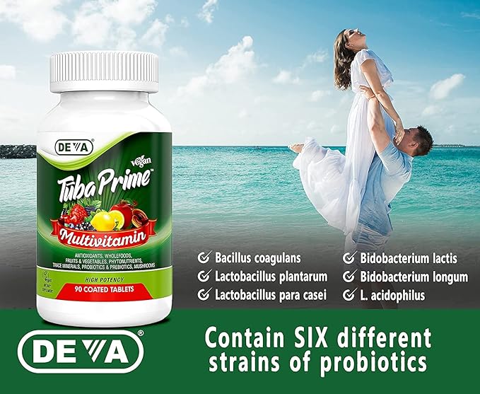 DEVA Tuba Prime Vegan Multivitamin High-Potency Vitamin and Mineral Dietary Supplement Antioxidants, Fruit and Vegetable Blend, Super Mushrooms, Probiotics, Prebiotics, Seeds, Herbs - 90 Tabs, 2-Pack