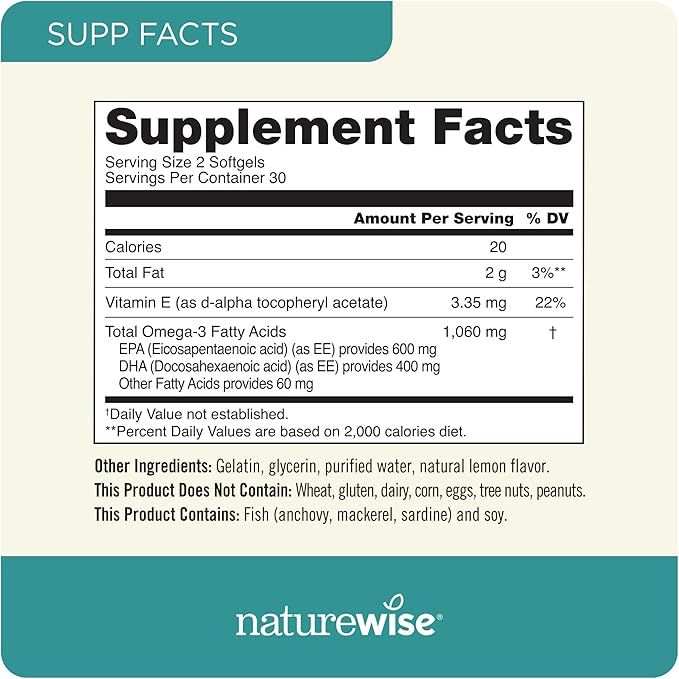 NatureWise High-Potency 1000mg Omega 3 with 600mg EPA, 400mg DHA, & Vitamin E & Vitamin D3 5000iu (125 mcg) Healthy Muscle Function, and Immune Support