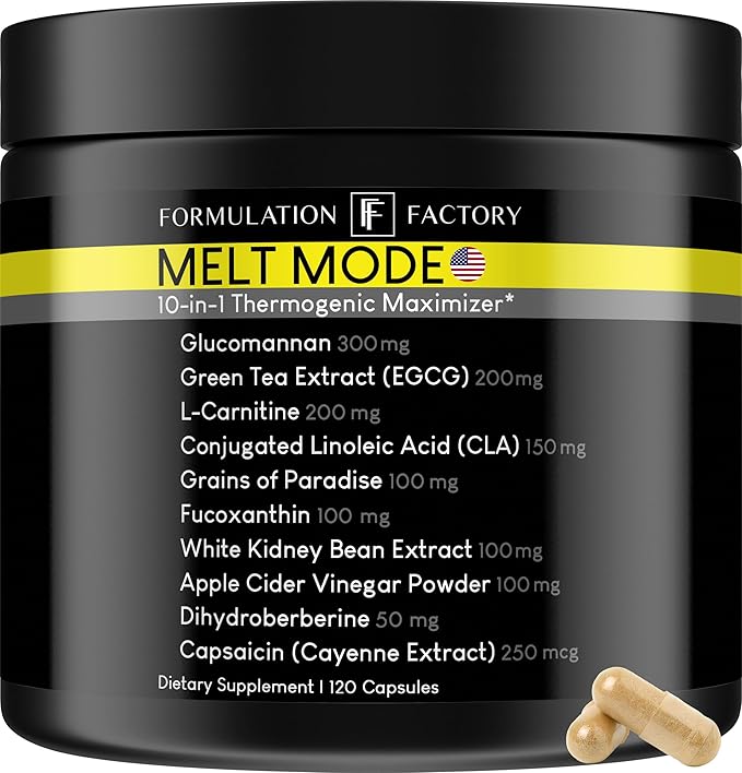Melt Mode 10-in-1 Wellness Supplement with Green Tea Extract, L-Carnitine, CLA, Glucomannan & More (120 Capsules - 2 Month Supply)