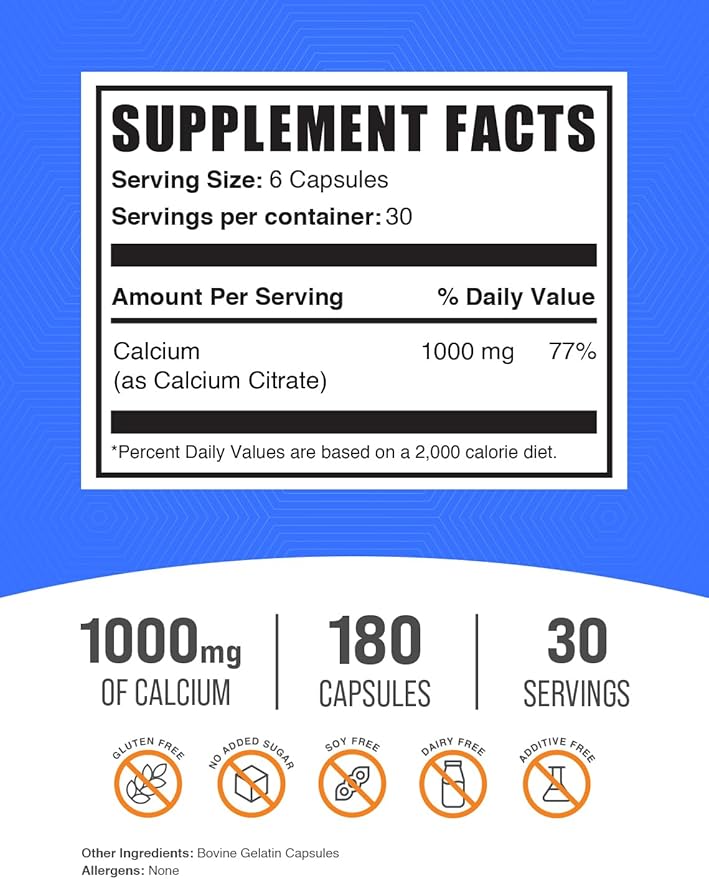 BulkSupplements.com Calcium Citrate Capsules - Calcium Citrate Supplement, with Calcium 1000mg per Serving - Soy Free, 6 Capsules per Serving, 180 Capsules (Pack of 1)