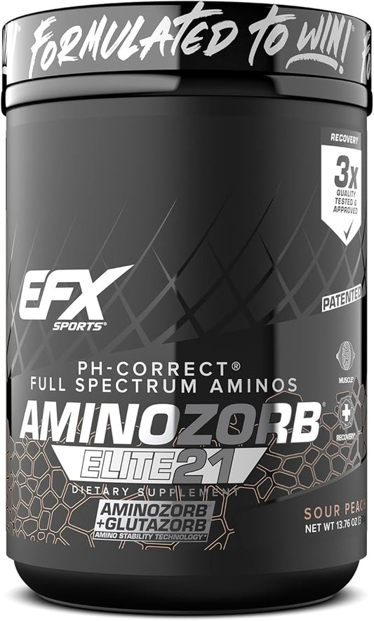 EFX Sports Aminozorb Elite 21 | PH-Correct, Full Spectrum Aminos + Glutamine | Essential & Non Essential Aminos | Zero Sugars | 30 Servings (Sour Peach)
