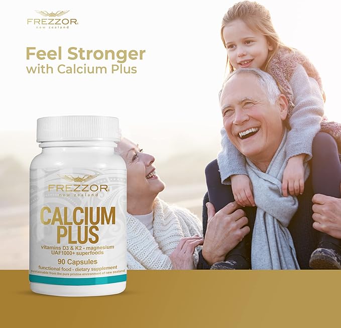 FREZZOR Calcium Plus with UAF1000+, New Zealand Natural Raw Calcium Supplement for Bones, Teeth, Gut Health, & Cardiovascular Support, Phosphorus, Magnesium, Collagen, Selenium, 90 Capsules, 1 Bottle