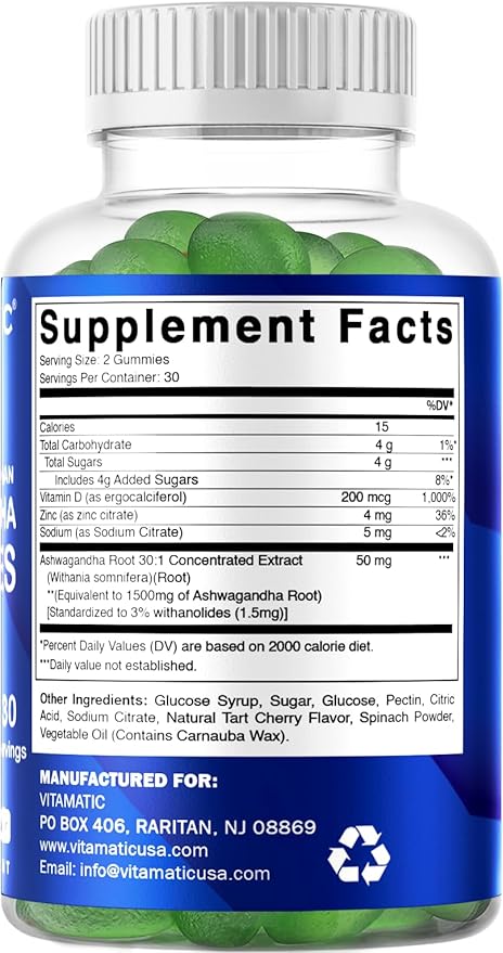 Vitamatic 2 Pack Ashwagandha Gummies 1500 mg Equivalent Per Serving (from 30:1 Extract 50 mg) - 60 Vegan Gummies - 3% Withanolides