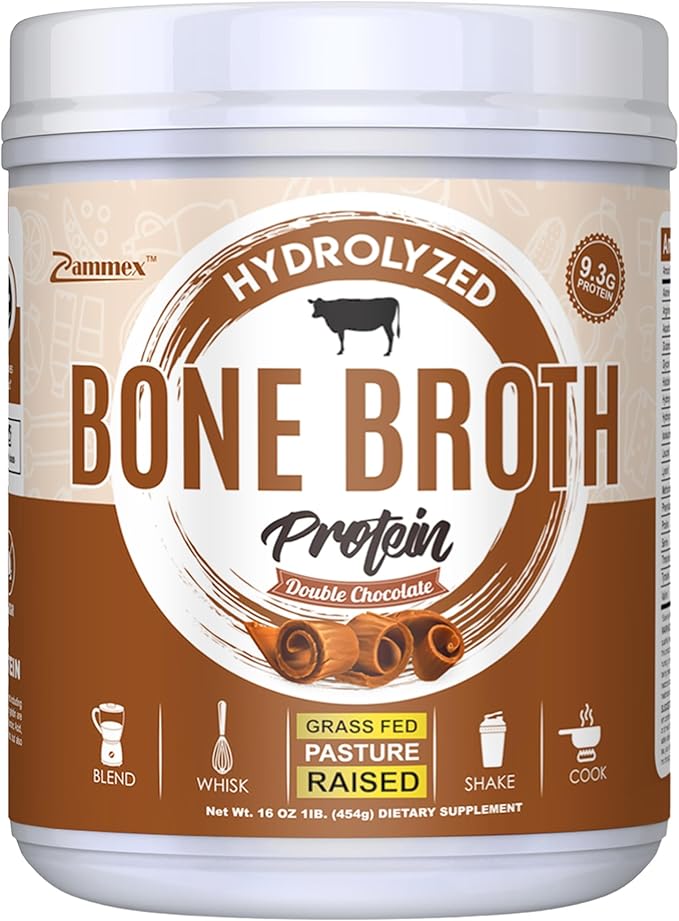 Zammex Bone Broth Protein Powder, Pure Grass Fed Beef, Chocolate Protein Powder,Hydrolyzed Collagen Supplement for Healthy Skin,Nails,Hair,Joints, Non-GMO,Gluten Free, Great in Shakes