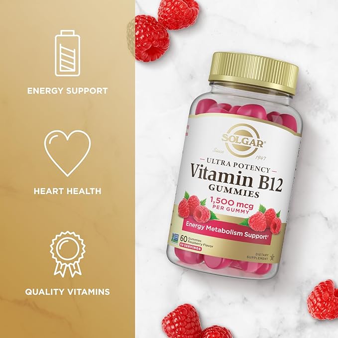Solgar Methyl B12 Gummies for Adults 1,500mcg Ultra Potency Vitamin for Energy & Metabolism Support, Raspberry Flavor, Vegan & Gluten-Free Gummy for Women & Men, 2 Month Supply, 60 Servings, 2g Sugar