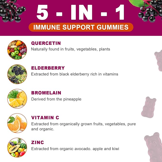 (2 Pack) Quercetin Gummies with Bromelain, Elderberry, Zinc and Vitamin C - Chewable Quercetin 700mg Supplement for Immunity, Allergy, Aging Support - Vegan Gummies for Adult & Kid