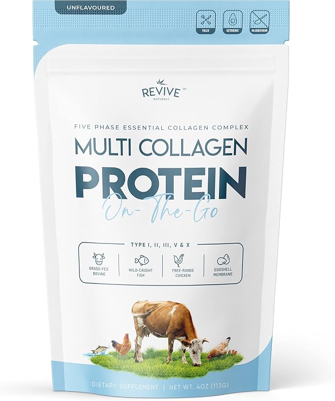 Revive Naturals Multi Collagen Hydrolyzed Powder Bag (4oz) - Types I, II, III, V & X - Grass Fed Bovine, Free Roaming Chicken & Eggshell Collagen Peptides, Non-GMO, GF.