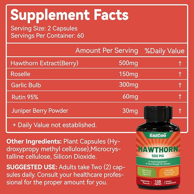 Hawthorn Berry Capsules, Extra Strength Hawthorn Berry Supplement, 120 Vegan Capsules