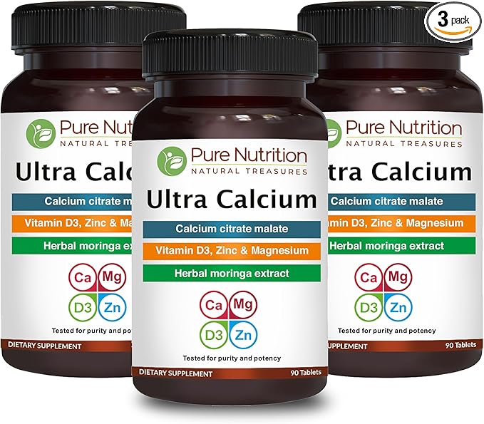 Pure Nutrition Ultra Calcium 1000mg with VIT D3 + K2 | 270 Tabs (90 X Pack of 3) | Highly absorbable Calcium Supplement with Calcium Citrate Malate, VIT D3, K2, Moringa Oleifera, Magnesium and Zinc.