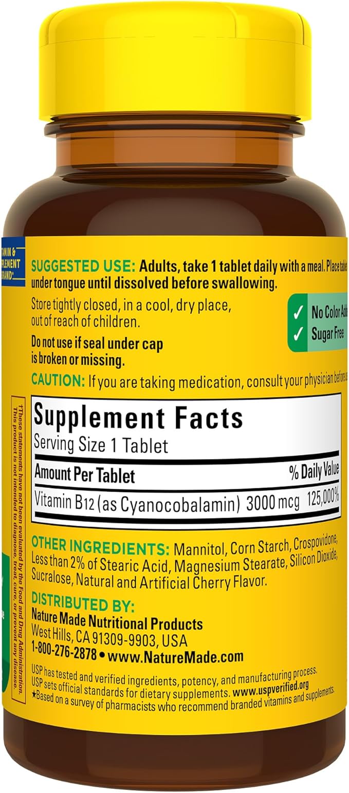 Nature Made Vitamin B12 3000 mcg, Easy to Take Sublingual B12 for Energy Metabolism Support, 40 Sugar Free Fast Dissolve Tablets, 40 Day Supply