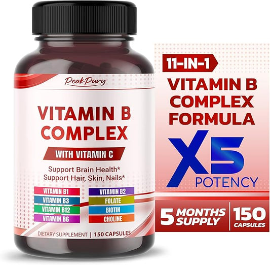 Ultra Vitamin B Complex with Vitamin C – Supports Brain Health & Promotes Healthy Hair, Skin, and Nails – High Potency B1, B2, B3, Folate, B12, Biotin, B5 & Choline - Made in The USA