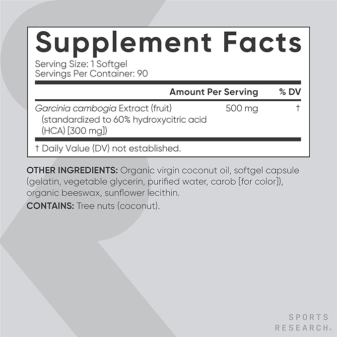 Sports Research Garcinia Cambogia Extract (60% HCA) with Extra Virgin Organic Coconut Oil | Non-GMO, Soy & Gluten Free (90 Liquid Softgels)