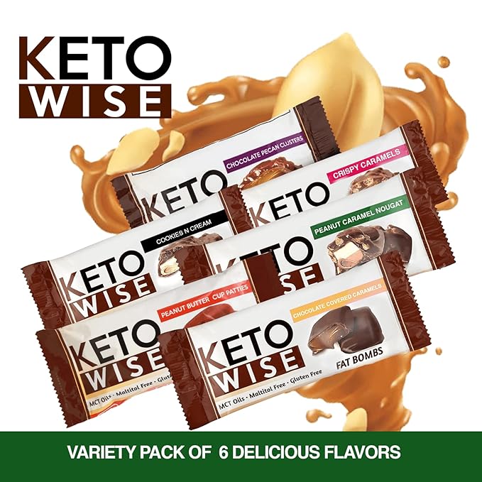 Keto Wise Fat Bombs - Made with Chocolate containing MCT Oil - Low Fat, Low Carb and Keto Friendly Snack - 7g Fat, 2g Net Carbs | Peanut Caramel Nougat, Pack of 16