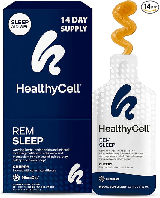 HealthyCell REM Sleep - Liquid Gel Extra Strength Sleep Supplement for Adults - Melatonin, Magnesium, GABA, L-theanine Supplement - Maximum Absorption - 14 Gel Packs