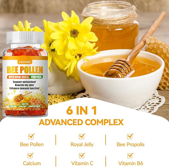 Bee Pollen Gummies with 1000mg Bee Pollen,300mg Royal Jelly,300mg Propolis,Calcium and Vitamin B6,C for People’s Skin,Immune,Energy,Honey Flavor (60 Count)