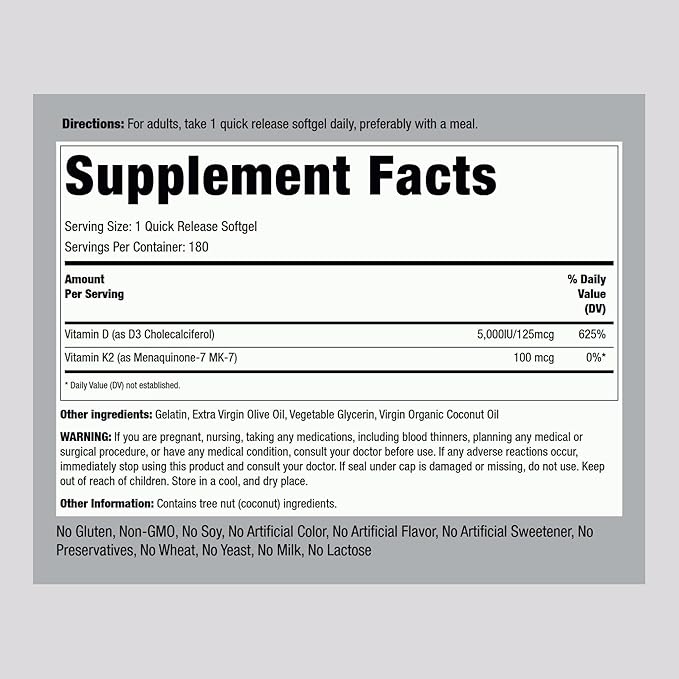 Piping Rock Vitamin K2 D3 Supplement | 100 mcg | 180 Softgels | Complex with MK7 | Non-GMO, Gluten Free