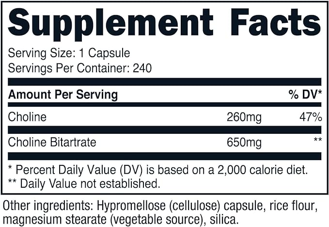 Nutricost Choline Bitartrate 650mg, 240 Vegetarian Capsules - Non-GMO, Vegetarian Friendly, Gluten Free