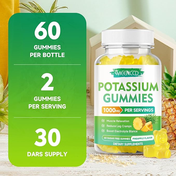 Potassium Citrate Gummies 1000mg, High Potency Potassium Supplement Gummies for Adults Women & Men, Support Leg Cramps & Muscle Health, Sugar-Free, Pineapple Flavor, 60 Count