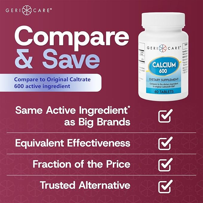 Gericare Calcium 600mg Supports Bone Health, Nutritional Supplement, 60 Count (Pack of 1)