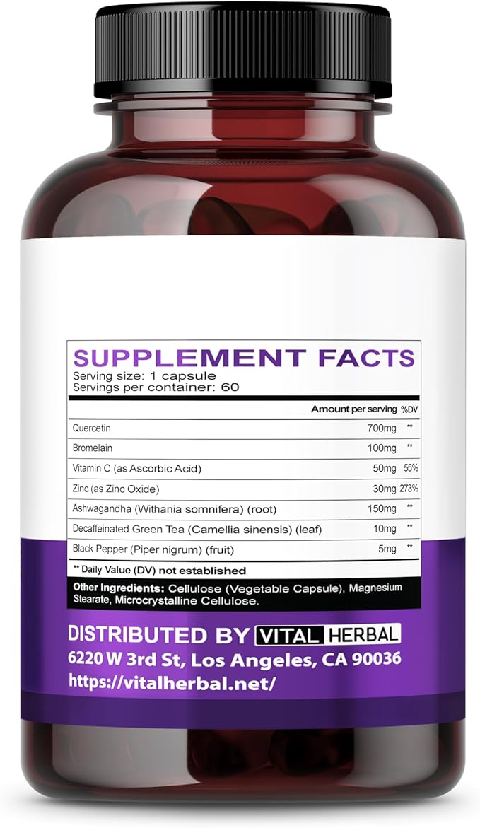 Ultra Quercetin High Purity 98% with Bromelain Capsules for Maximum Strength Powder with Ashwagandha - Supports Overall Health Strength Energy (100 Counts)