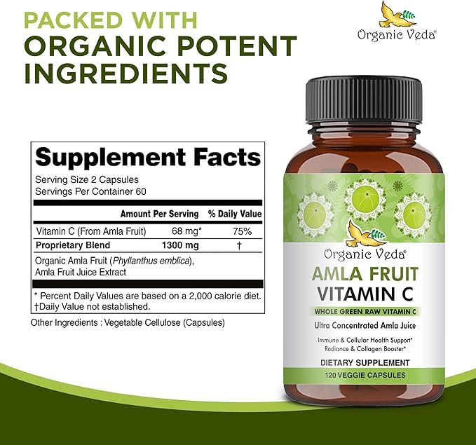Organic Veda Amla Fruit Capsules, 20 X Concentrated Amla Berry Juice Extract Natural Vitamin C Supplement - Potent Antioxidants, Immunity, Skin Radiance - Vegan Vitamin C Amla Powder Capsule 120