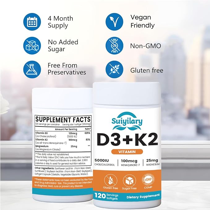 Vitamin D3 K2 Supplement with Vitamin D3 5000 IU, 100 mcg Vitamin K2, Plant Based 2-1 Formula for Bone, Teeth, Muscle and Immune Health Support,120 Softgel Capsules